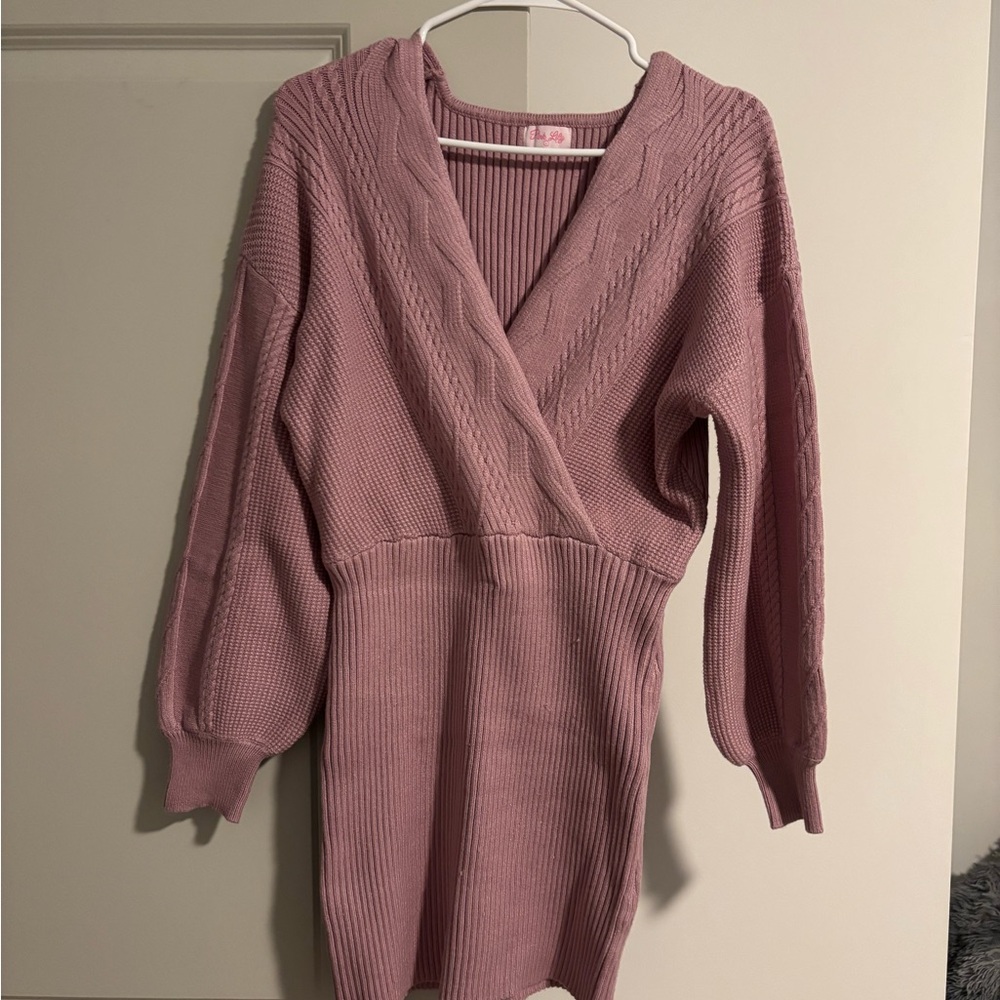 Pink Lily V-Neck Sweater Dress in Pink